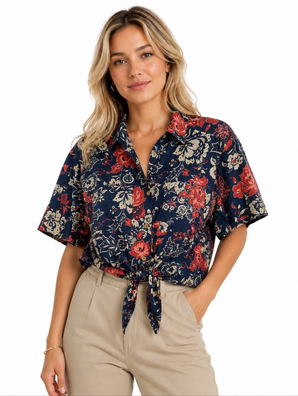 Karen Scott 100% Cotton Navy Red Ornamental Floral Tie Waist Collared Shirt M
